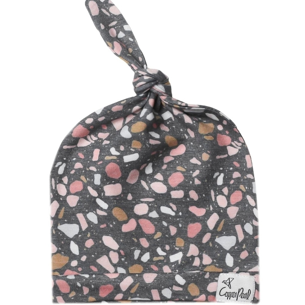 Copper Pearl Topknot Hat Terrazzo Gray and Pink Baby Beanie 0-4M Newborn Toddler